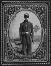 051 - Unidentified African American soldier in Union uniform and Company B, 103rd Regiment forage cap with bayonet and scabbard_page 96